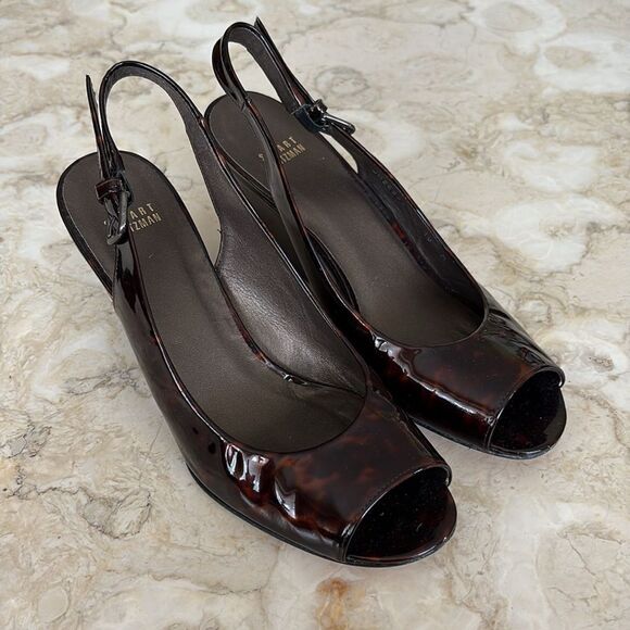 Stuart Weitzman Tortoise Shell Patent Leather Peep Toe Wedge Slingback Heels - Picture 2 of 13